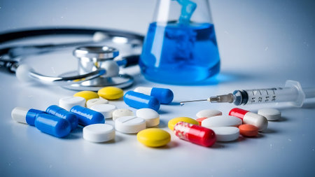 Stethoscope, pills and syringe on a white background.の素材