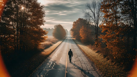 Man walking on the road in the autumn forest. 3d renderingの素材