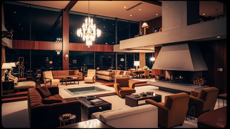 Interior of modern living room with sofa, armchairs and fireplaceの素材