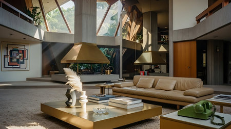 Interior of modern living room with sofa, books, coffee table and lampの素材