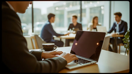 Cropped image of businesswoman using laptop in meeting room at officeの素材