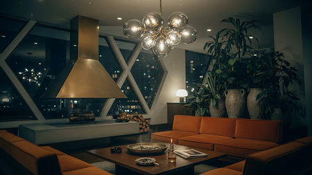 Interior of modern living room with orange sofa and coffee table.の素材