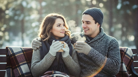 Couple in love drinking hot tea on a bench in winter parkの素材