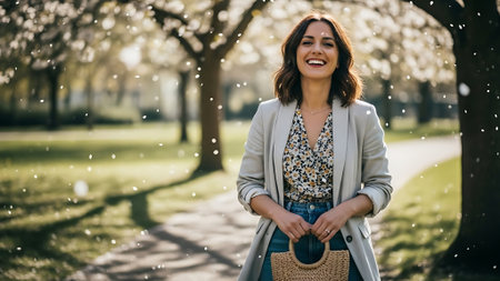 Portrait of a beautiful young woman walking in the park and smiling.の素材