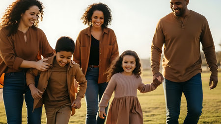 happy multiethnic family holding hands and walking in park during autumn dayの素材
