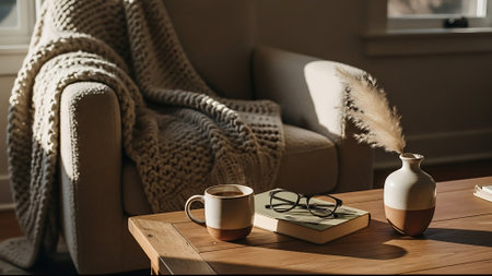 Cup of coffee and book on wooden table in living room interiorの素材