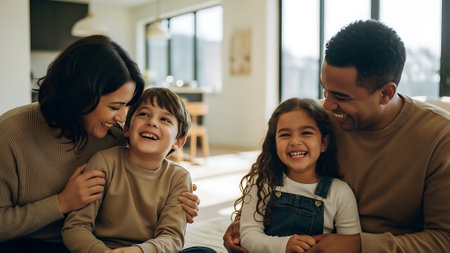 Happy family at home. Mother, father and their daughters are sitting on the floor and smiling.の素材