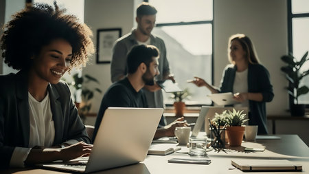 Group of business people in smart casual wear working together on laptop in modern office.の素材