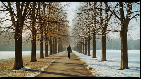A man walking in a row of trees in the park in winterの素材