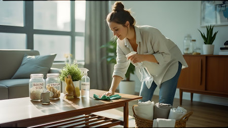 Young woman cleaning table at home. Housekeeping and housekeeping conceptの素材