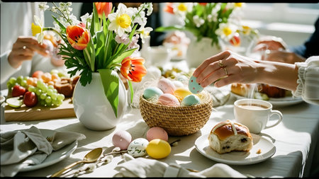 Easter table setting with colorful eggs and tulips, selective focusの素材