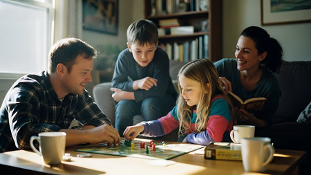 Happy family playing board game at home. Mother, father and children spending time together.の素材