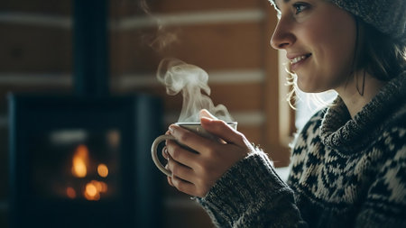 Beautiful young woman in warm sweater and hat drinking hot tea near fireplace at homeの素材