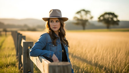 Beautiful young woman wearing a hat and denim jacket standing on a fence in a wheat field.の素材