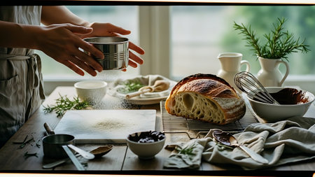 Female hands holding a cup of hot chocolate and a slice of breadの素材
