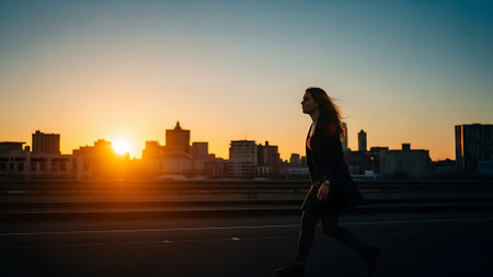 Silhouette of a woman running in the city at sunset.の素材
