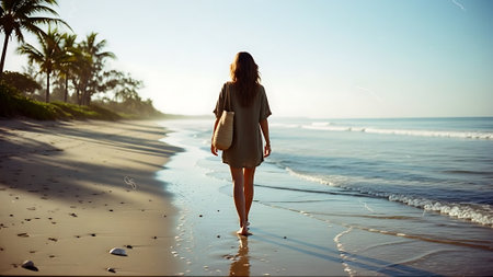 Woman walking on the beach in the morning, back view, back viewの素材