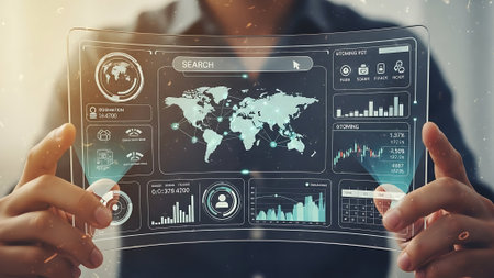 Businessman using futuristic interface with graphs and charts 3D rendering elementsの素材