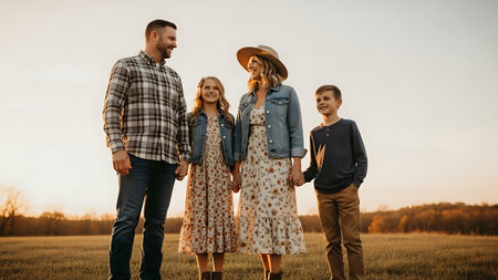 Group of happy friends walking in the field at sunset. People having fun outdoors.の素材