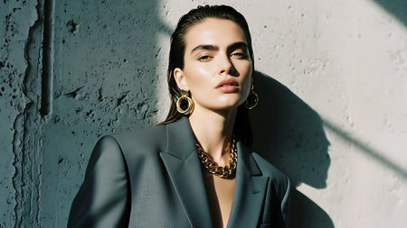 Fashion portrait of a beautiful young woman in a black suit and gold earringsの素材