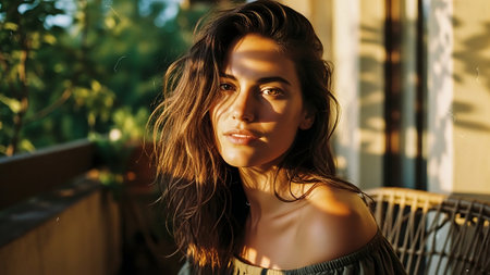 Close up portrait of beautiful young brunette woman with frecklesの素材