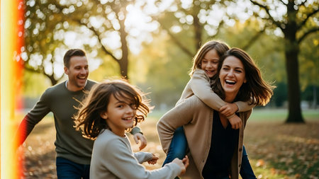 Happy family having fun in autumn park. Mother, father and their children having fun outdoors.の素材
