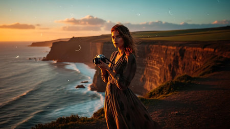 Beautiful young woman in long dress with retro camera standing on cliff edge and enjoying sunset.の素材
