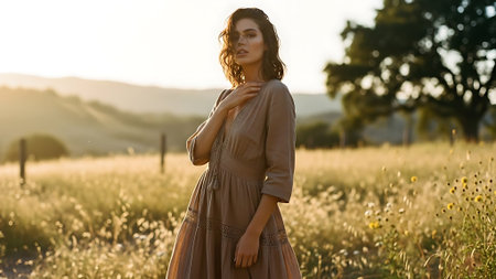 Portrait of a beautiful woman in a dress in the field at sunsetの素材