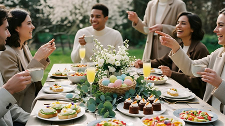 happy multiethnic friends having breakfast together at table during easterの素材