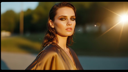 Portrait of beautiful young woman with makeup in fashion golden dress.の素材