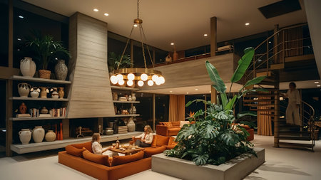 Interior of a modern living room with orange sofa and plants.の素材