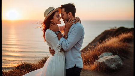Wedding couple in love hugging and kissing on the beach at sunsetの素材