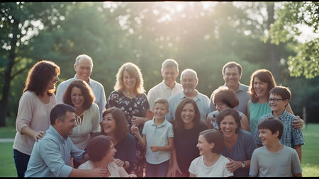 Group of diverse people standing together in a park and looking at cameraの素材