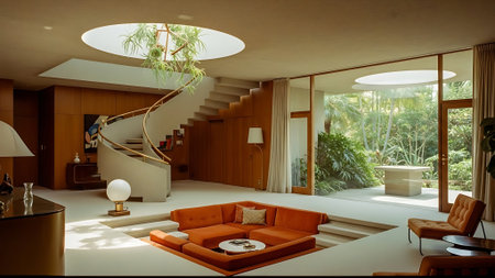 Interior of a modern living room with orange sofa and wooden stairsの素材