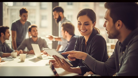 Beautiful young business people are using a digital tablet and smiling while working in officeの素材