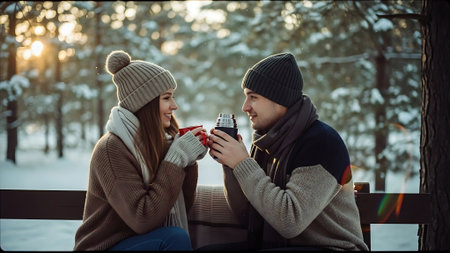 Young couple in love drinking hot tea or coffee in winter park.の素材