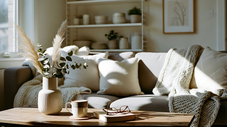 Cozy living room interior with sofa, coffee cup, pampas grass in vase, book and knitted blanket.の素材