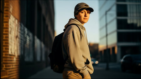 Portrait of a young man in a baseball cap and coat walking on the streetの素材