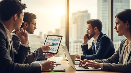 Group of business people meeting in office to discuss the situation on the market.の素材