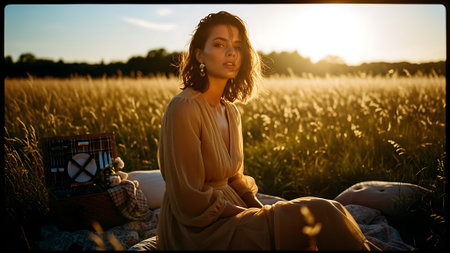 Beautiful young woman sitting in a field at sunset, looking at the camera.の素材