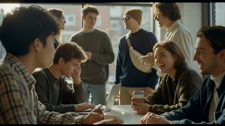 Group of young business people sitting at table in office and drinking coffeeの素材