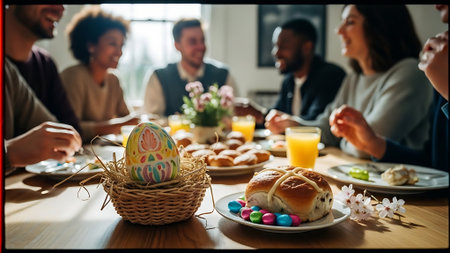 Happy family having fun together while celebrating easter at home. Selective focusの素材
