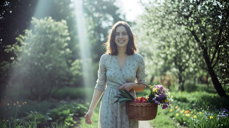 Young beautiful woman with basket of spring flowers in the garden, outdoor shotの素材