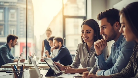 Group of young business people working and communicating together in the office.の素材