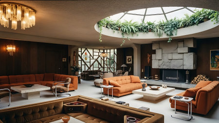 Interior of a modern living room with orange sofa and armchairsの素材
