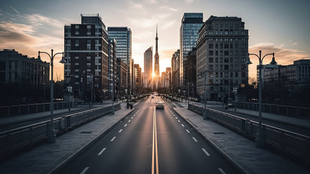 Highway in the city at sunset. View of the modern buildings.の素材