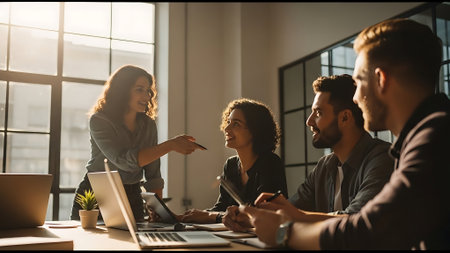 Group of young multiethnic business people working together in modern officeの素材