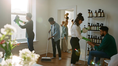 Group of young people cleaning the room at home, using a mopの素材