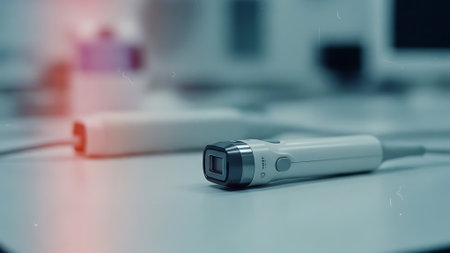 Electronic thermometer on a white table in a medical office.の素材