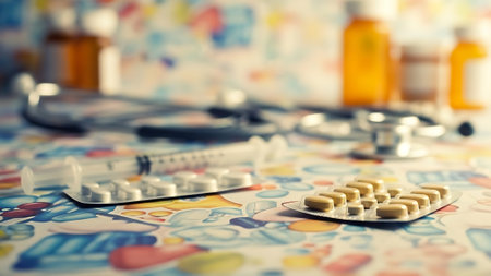 Pills and stethoscope on a medical background. Selective focusの素材